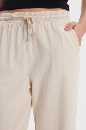 Kadın Relax Fit Rahat Kesim %100 Pamuk Beli Bağcıklı Lastikli Çift Cepli Taş Pantolon