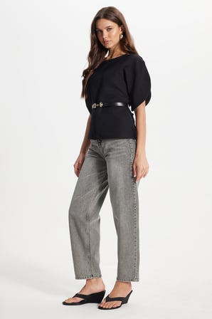 Kadın Slim Fit Dar Kesim Kol Detaylı İnce Kemerli Fermuarlı Siyah Bluz