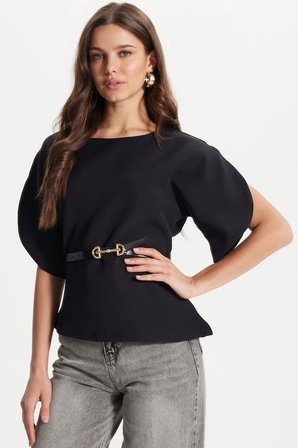 Kadın Slim Fit Dar Kesim Kol Detaylı İnce Kemerli Fermuarlı Siyah Bluz