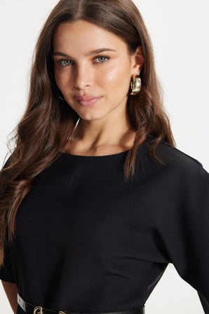 Kadın Slim Fit Dar Kesim Kol Detaylı İnce Kemerli Fermuarlı Siyah Bluz