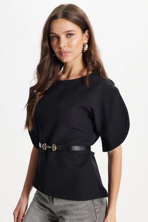 Kadın Slim Fit Dar Kesim Kol Detaylı İnce Kemerli Fermuarlı Siyah Bluz