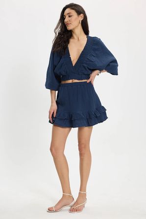 Kadın Oversize Geniş Kesim %100 Pamuk Kruvaze Yaka Crop Fırfırlı Lacivert Şort Etek Takım