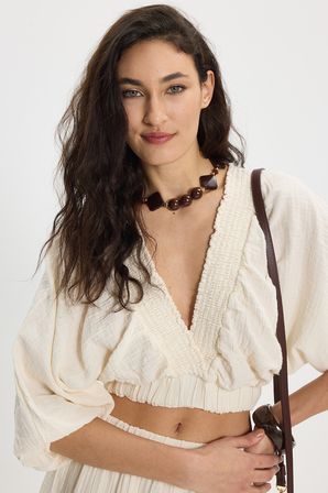 Kadın Oversize Geniş Kesim %100 Pamuk Kruvaze Yaka Crop Fırfırlı Ekru Şort Etek Takım