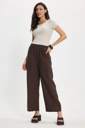 Kadın Relax Fit Rahat Kesim Beli Lastikli Kahverengi Pantolon