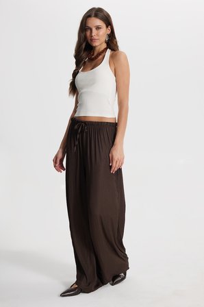 Kadın Relax Fit Rahat Kesim Beli Bağcıklı Lastikli Bol Paça Kahverengi Pantolon
