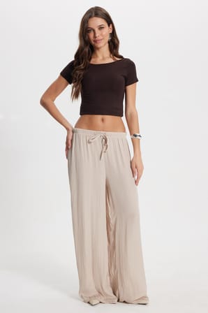 Kadın Relax Fit Rahat Kesim Beli Bağcıklı Lastikli Bol Paça Bej Pantolon