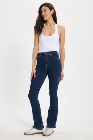 Kadın Regular Fit Klasik Kesim Pamuklu Likralı İspanyol Paça Lacivert Jean Kot Pantolon