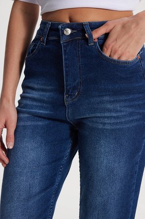 Kadın Relax Fit Rahat Kesim Pamuklu Likralı Cepli Palazzo Lacivert Jean Kot Pantolon