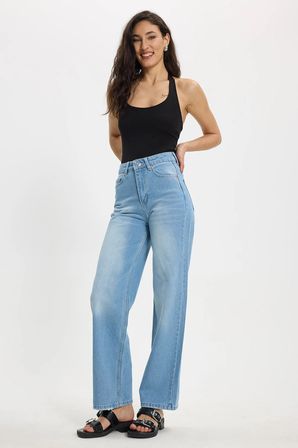 Kadın Relax Fit Rahat Kesim %100 Pamuk Cepli Geniş Paça Açık Mavi Jean Kot Pantolon