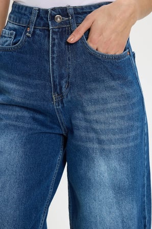 Kadın Relax Fit Rahat Kesim %100 Pamuk Cepli Geniş Paça Lacivert Jean Kot Pantolon