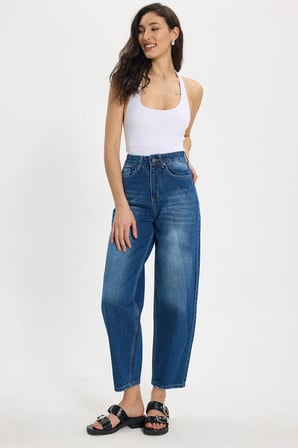 Kadın Relax Fit Rahat Kesim %100 Pamuk Cepli Geniş Paça Lacivert Jean Kot Pantolon