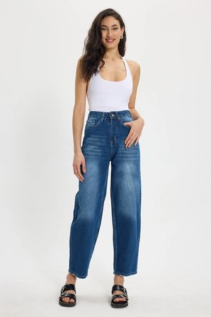 Kadın Relax Fit Rahat Kesim %100 Pamuk Cepli Geniş Paça Lacivert Jean Kot Pantolon