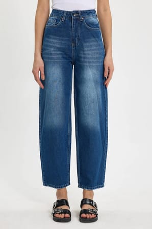 Kadın Relax Fit Rahat Kesim %100 Pamuk Cepli Geniş Paça Lacivert Jean Kot Pantolon