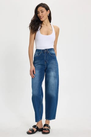Kadın Relax Fit Rahat Kesim %100 Pamuk Cepli Geniş Paça Lacivert Jean Kot Pantolon