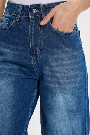 Kadın Relax Fit Rahat Kesim %100 Pamuk Cepli Geniş Paça Lacivert Jean Kot Pantolon