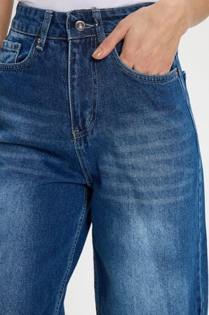 Kadın Relax Fit Rahat Kesim %100 Pamuk Cepli Geniş Paça Lacivert Jean Kot Pantolon