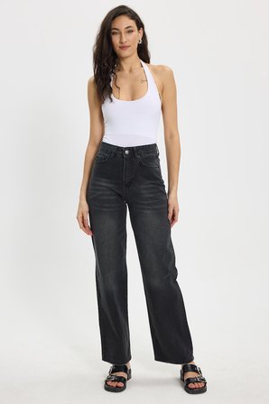 Kadın Relax Fit Rahat Kesim %100 Pamuk Cepli Geniş Paça Siyah Jean Kot Pantolon