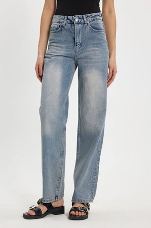 Kadın Relax Fit Rahat Kesim %100 Pamuk Cepli Geniş Paça Mavi Jean Kot Pantolon