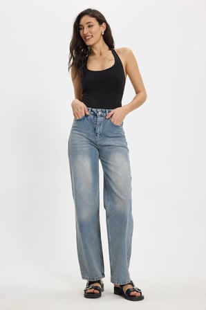 Kadın Relax Fit Rahat Kesim %100 Pamuk Cepli Geniş Paça Mavi Jean Kot Pantolon
