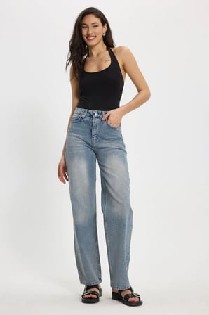 Kadın Relax Fit Rahat Kesim %100 Pamuk Cepli Geniş Paça Mavi Jean Kot Pantolon
