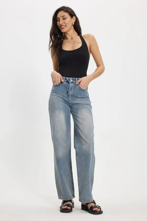 Kadın Relax Fit Rahat Kesim %100 Pamuk Cepli Geniş Paça Mavi Jean Kot Pantolon
