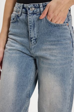 Kadın Relax Fit Rahat Kesim %100 Pamuk Cepli Geniş Paça Mavi Jean Kot Pantolon
