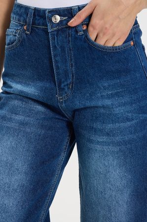 Kadın Relax Fit Rahat Kesim %100 Pamuk Cepli Geniş Paça Lacivert Jean Kot Pantolon