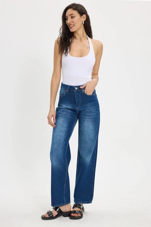 Kadın Relax Fit Rahat Kesim %100 Pamuk Cepli Geniş Paça Lacivert Jean Kot Pantolon