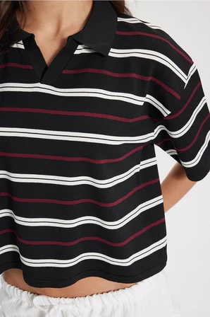 Kadın Standart Fit Normal Kesim Kısa Kollu Çizgili Siyah V Polo Yaka Tişört