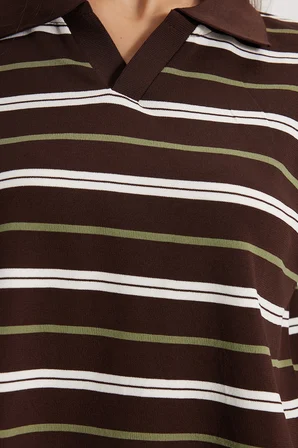 Kadın Standart Fit Normal Kesim Kısa Kollu Çizgili Kahverengi V Polo Yaka Tişört