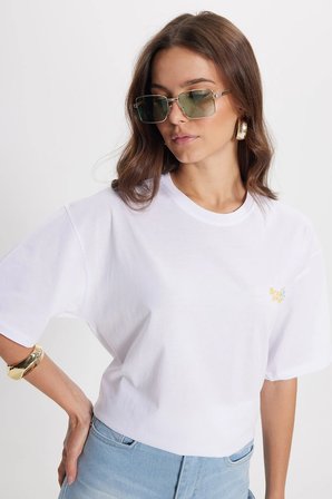 Kadın Oversize Geniş Kesim Bisiklet Yaka %100 Pamuk Yumuşak Dokulu Baskılı Beyaz Tişört