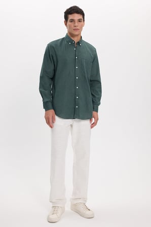 Erkek Regular Fit Klasik Kesim Oversize Pamuklu Keten Doku Düğmeli Yaka Yeşil Gömlek