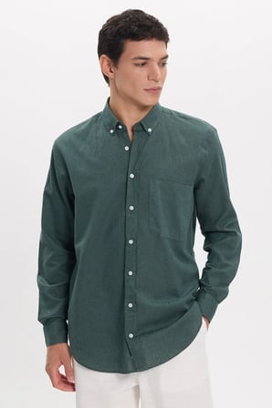 Erkek Regular Fit Klasik Kesim Oversize Pamuklu Keten Doku Düğmeli Yaka Yeşil Gömlek