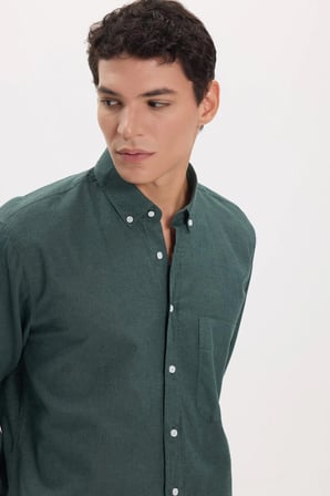 Erkek Regular Fit Klasik Kesim Oversize Pamuklu Keten Doku Düğmeli Yaka Yeşil Gömlek