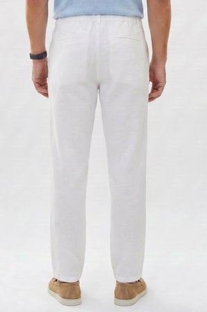 Erkek Relax Fit Rahat Kesim %100 Pamuk Geniş Paça Keten Kumaş Çift Cepli Beyaz Pantolon