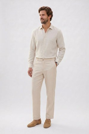 Erkek Relax Fit Rahat Kesim %100 Pamuk Geniş Paça Keten Kumaş Çift Cepli Kahverengi Pantolon