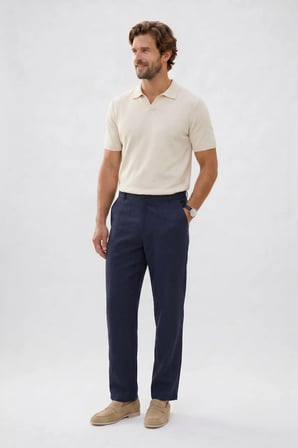 Erkek Relax Fit Rahat Kesim %100 Pamuk Geniş Paça Keten Kumaş Çift Cepli Lacivert Pantolon