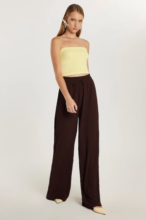 Kadın Slim Fit Dar Kesim Beli Lastikli Büzgülü İspanyol Paça Kahverengi Pantolon