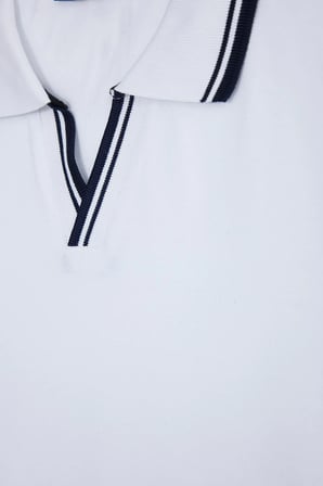 Erkek Slim Fit Dar Kesim %100 Pamuklu Çizgili Detaylı V Yaka Beyaz Polo Yaka Tişört