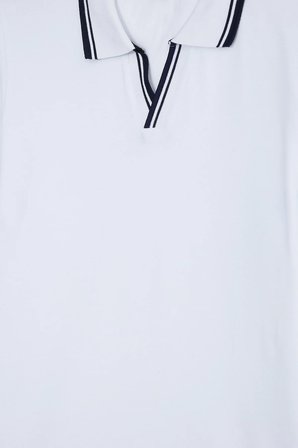 Erkek Slim Fit Dar Kesim %100 Pamuklu Çizgili Detaylı V Yaka Beyaz Polo Yaka Tişört
