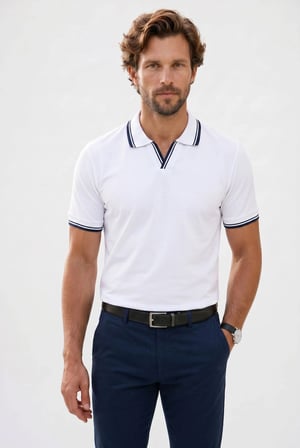 Erkek Slim Fit Dar Kesim %100 Pamuklu Çizgili Detaylı V Yaka Beyaz Polo Yaka Tişört