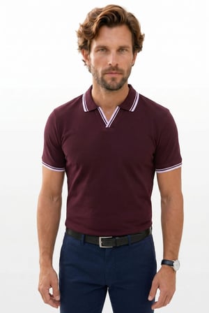 Erkek Slim Fit Dar Kesim %100 Pamuklu Çizgili Detaylı V Yaka Bordo Polo Yaka Tişört