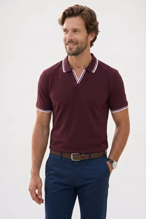 Erkek Slim Fit Dar Kesim %100 Pamuklu Çizgili Detaylı V Yaka Bordo Polo Yaka Tişört