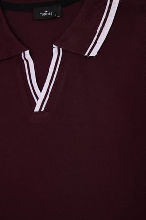 Erkek Slim Fit Dar Kesim %100 Pamuklu Çizgili Detaylı V Yaka Bordo Polo Yaka Tişört