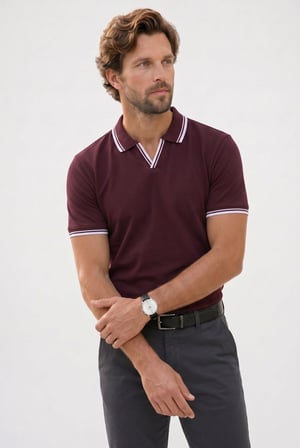 Erkek Slim Fit Dar Kesim %100 Pamuklu Çizgili Detaylı V Yaka Bordo Polo Yaka Tişört
