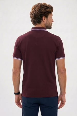 Erkek Slim Fit Dar Kesim %100 Pamuklu Çizgili Detaylı V Yaka Bordo Polo Yaka Tişört