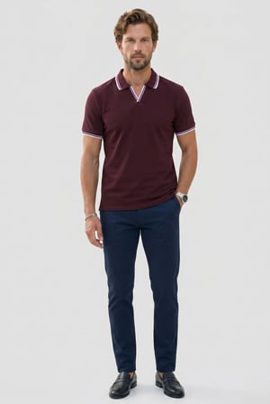 Erkek Slim Fit Dar Kesim %100 Pamuklu Çizgili Detaylı V Yaka Bordo Polo Yaka Tişört