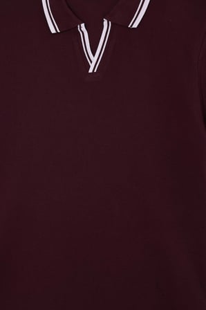 Erkek Slim Fit Dar Kesim %100 Pamuklu Çizgili Detaylı V Yaka Bordo Polo Yaka Tişört