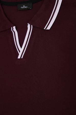 Erkek Slim Fit Dar Kesim %100 Pamuklu Çizgili Detaylı V Yaka Bordo Polo Yaka Tişört