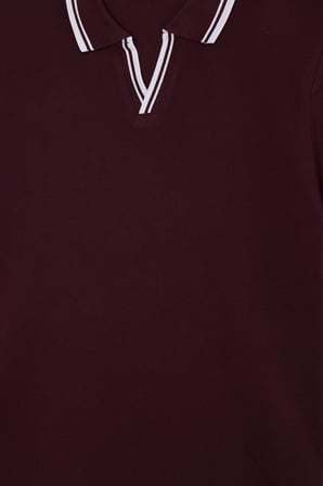 Erkek Slim Fit Dar Kesim %100 Pamuklu Çizgili Detaylı V Yaka Bordo Polo Yaka Tişört